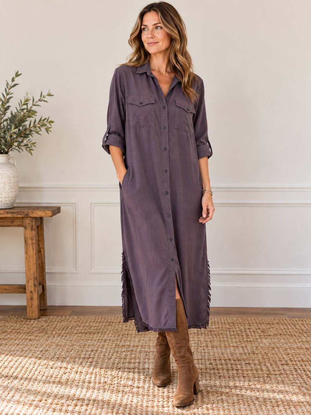 Cloth & Stone Women's SZ L Purple Tencel Lyocell Button Front Maxi Shirt Dress